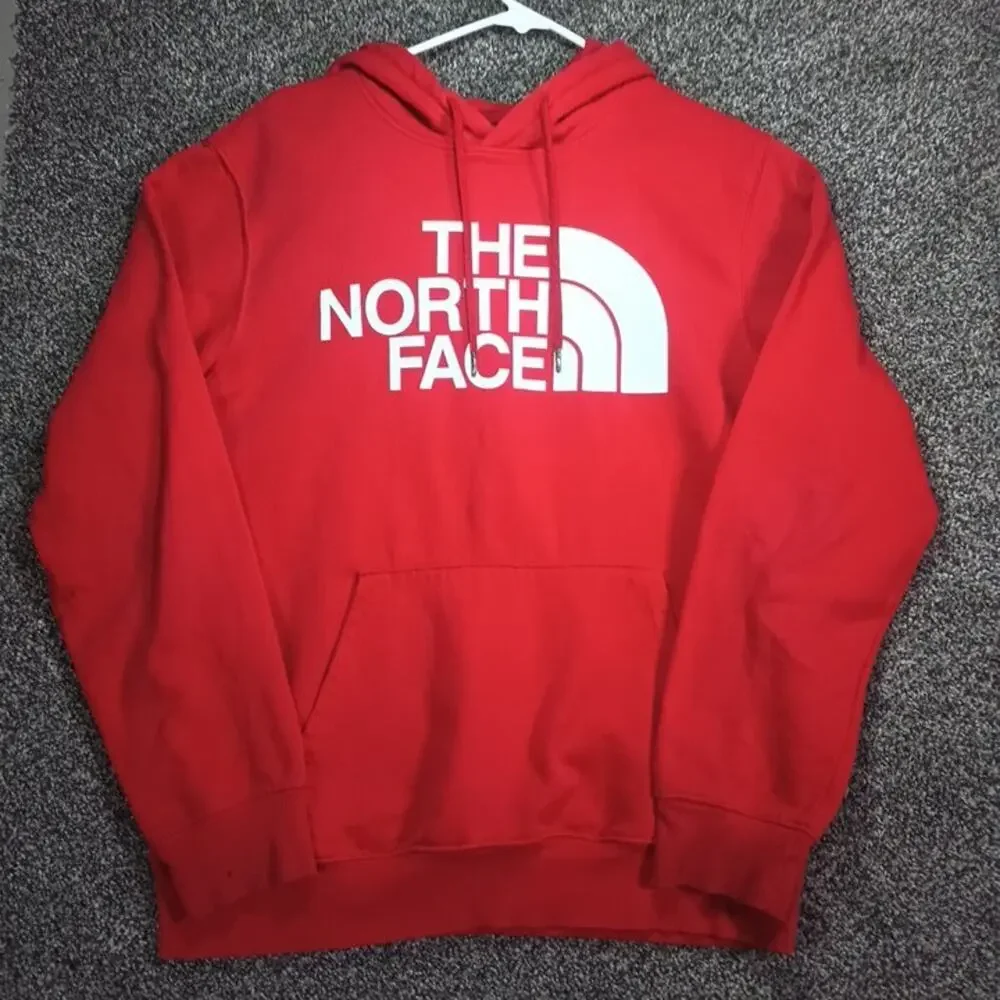 The North Face Red White Big Logo Hoodie Mens Medium Pullover Drawstring Cotton